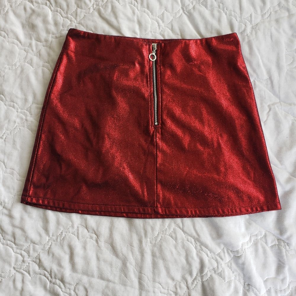 Vestique Sparkly Red Miniskirt, Faux Leather Metallic Looking Edgy Mini Skirt